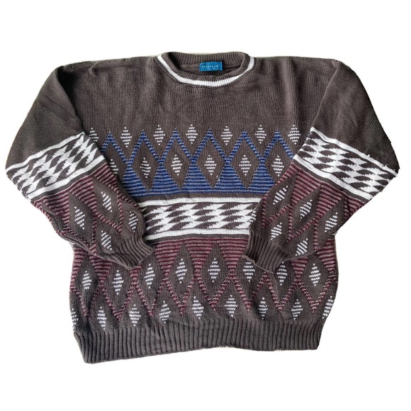 Vintage Town Craft Cosby Mens Sweater Knit Sz Large Grey Patriotic Abstract 90s - Picture 1 of 8